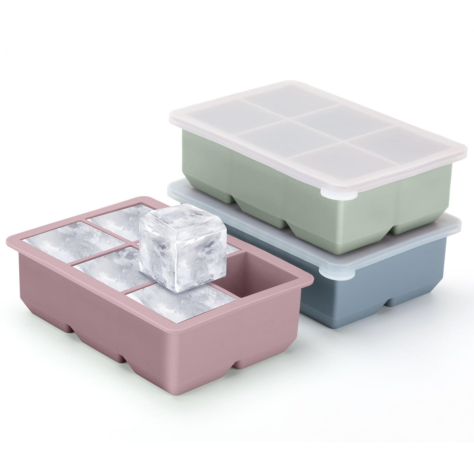 Ice Cube Trays 3 Pack - Large Size Silicone Ice Cube Molds with Removable Lids Reusable and BPA Free for Whiskey, Cocktail, Stackable Flexible Safe Ice