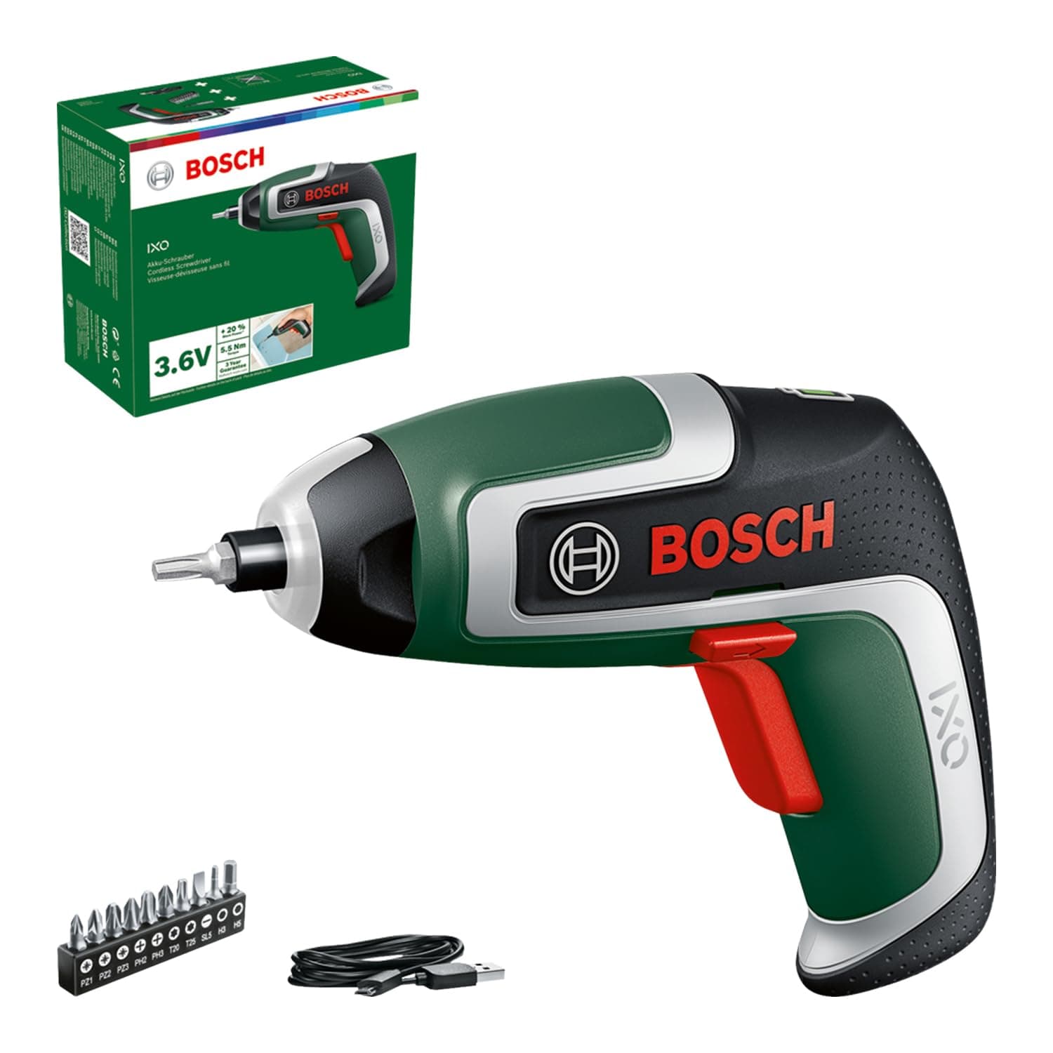 Compact Cordless Screwdriver IXO (7th Generation; 3.6V; 2.0Ah; 5.5Nm; with Micro-USB Cable; Compatible with IXO-Collection Attachments; Screws up to 190 Screws)