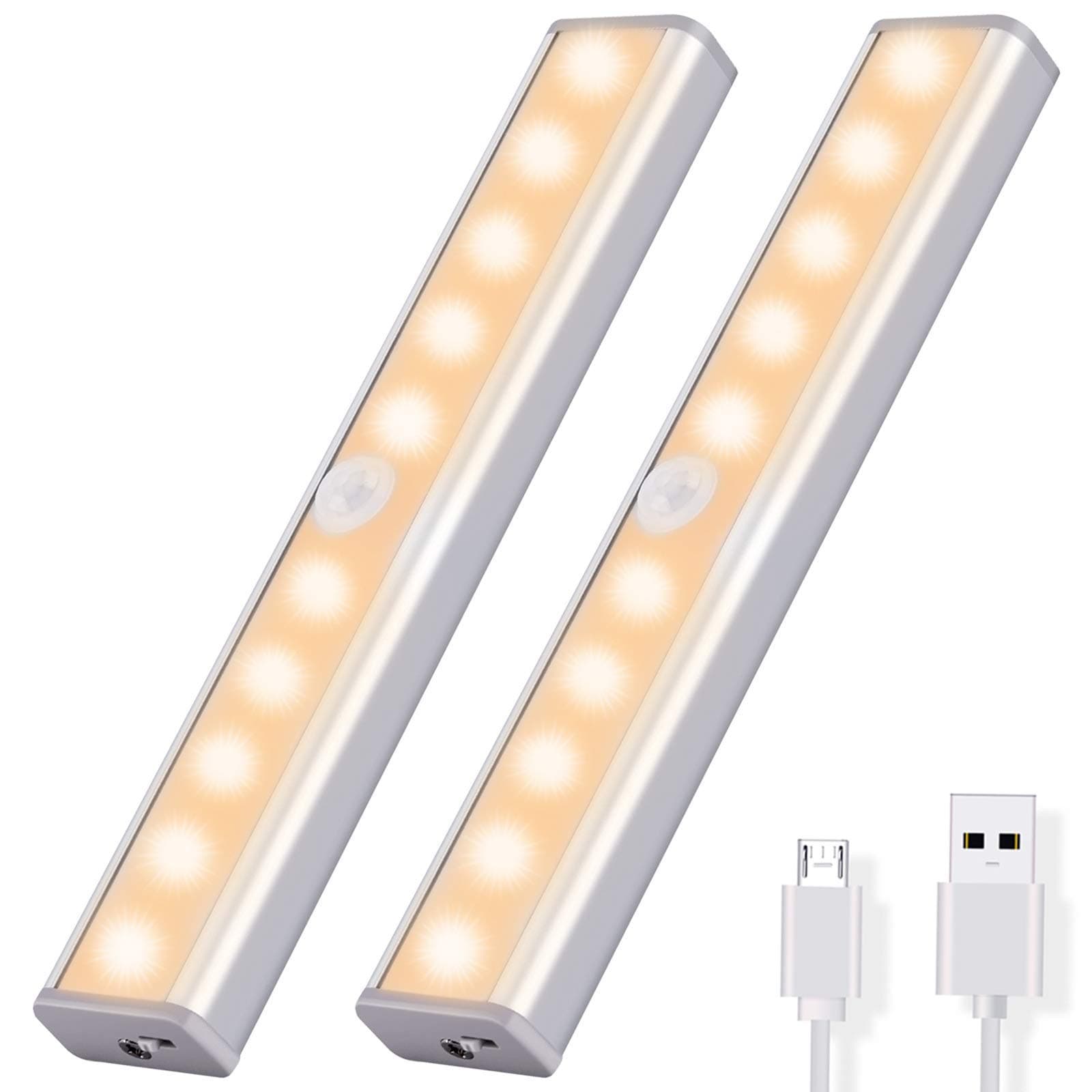 OUSFOT Cupboard Light Motion Sensor, 10-LED Closet Lights Wireless USB Rechargeable with Magnetic Strips Stick up Cabinet Wardrobe Stairs Kitchen Wall Warm White（2 Pack）