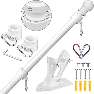 Flag Pole - Upgraded Bracket, 6 FT Stainless Steel Flag Poles for Outside House, Residential or Commerical, Tangle Free Flag Pole Kit for American Flag (Without Flag, White)