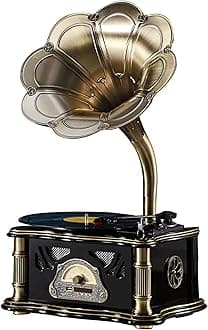 Vintage Gramophone, All In One Retro Phonograph European Style Nostalgic Gramophone, American Style Vinyl Record Player with Speakers Players Stereo System, Creative Bluetooth Sound