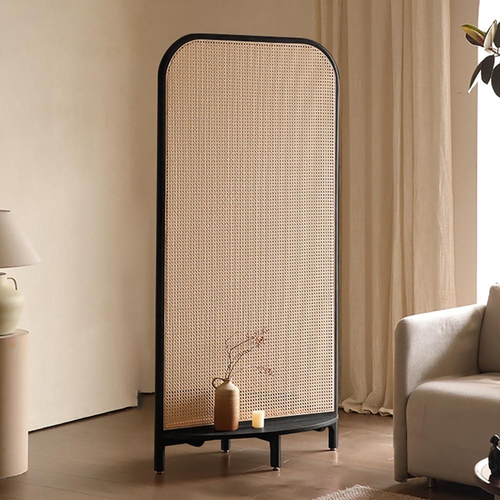 Single Panel Solid Wood Room Divider, Removable Rattan Indoor Screen, Multifunctional Base with Storage, Bedroom Decoration, Freestanding Wall Divider,E