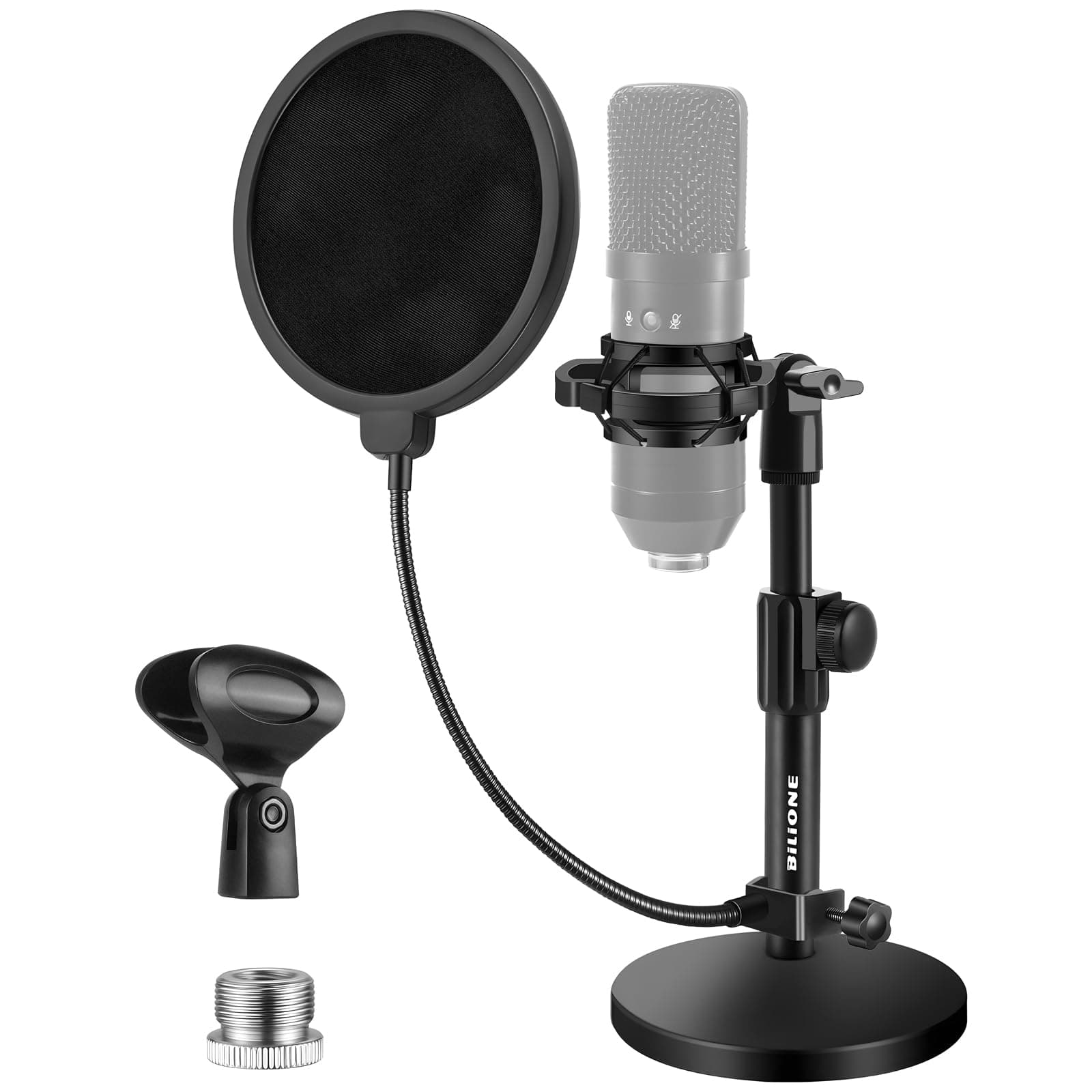 BILIONE Multifunctional Desktop Microphone Stand, Adjustable Mic Stand Desk with Pop Filter, Shock Mount, Microphone Clip, 5/8" to 3/8" Metal Screw Adapter