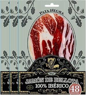 7 BELLOTAS 100% Iberico Ham | Made From Acorn Fed Iberico Pigs and Natural Curation Process | Spanish Jamon Pata Negra | Jamon Iberico Bellota | 48 Months (Sliced 3 X 80 gr.)