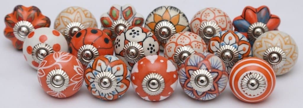 Indian Knobs Lot of 10 Assorted Orange Ceramic Door Knobs Handpainted Kitchen Cabinet Drawer Pulls 10
