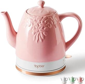 Toptier Electric Ceramic Tea Kettle, Boil Water Quickly and Easily, Detachable Swivel Base & Boil Dry Protection, Carefree Auto Shut Off, 1.5 L, Light Pink
