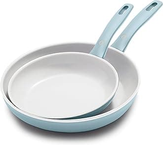 Dover 8” and 10” 2 Piece Frying Pan Skillet Set, Non-Toxic PFAS-Free Ceramic Nonstick Coating, Sear Saute Fry Egg Omlete, Dishwasher & Oven Safe, Stay Cool Handle, Easy Pour Rims, Blue Haze