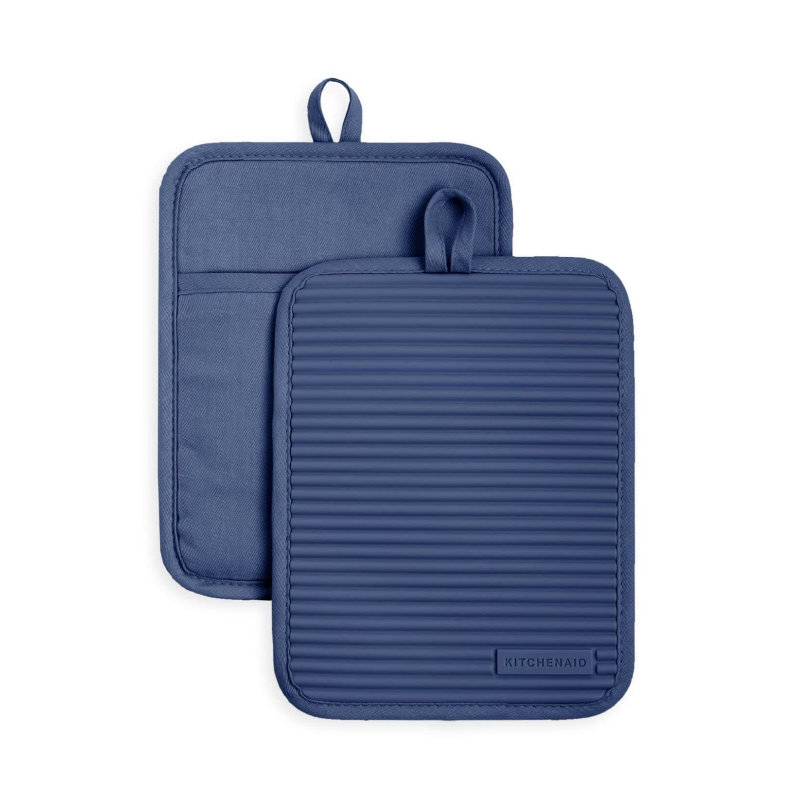 Ribbed Soft Silicone Pot Holder 2-Pack Set, Blue Willow, 7"x9"