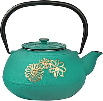 Sungmor Cast Iron Teapot, Japanese Tetsubin Tea Kettle with Infuser for Loose Tea - Stovetop Safe Cast Iron Teapot Coated with Enameled Interior - 32 Ounce, Turquoise Teapot with Gold Flower Pattern