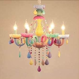 LAKIQ Colorful Crystal Hanging Chandelier Light Fixture 6 Lights European Girls Room Pendant Ceiling Lighting Candle Chandelier for Girls Bedroom Living Room Dining Room Coffee Shop (Style A)