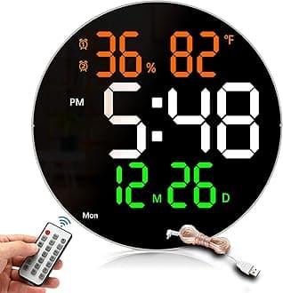 AERYS 10" Digital Wall Clock with Remote, Auto/Custom Dimmer, Temperature, Humidity Display, Dual Alarms, for Living Room, Gym, Garage, Elderly Gift (Big Round Wall Clock, Font Color May Vary)