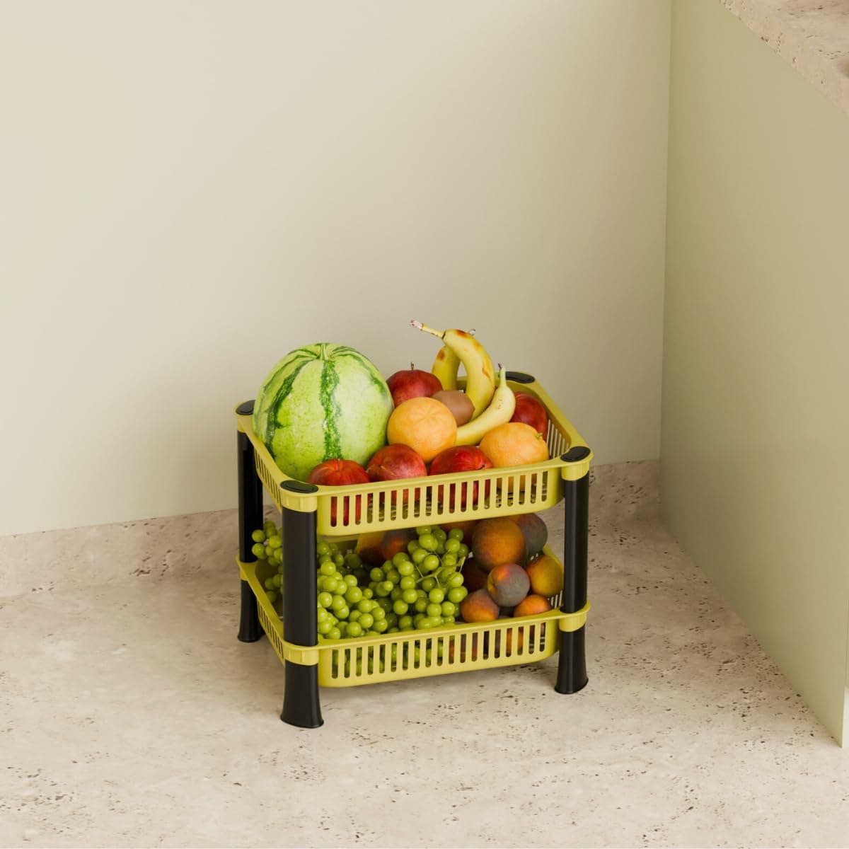 Multipurpose Plastic Storage Rack for Kitchen, Onion Potato Sabji, Fruit Corner Storage Stand Basket, Folding Rack, Countertop Kitchen Organizer Cart, Trolley Rack (2 Layer, Banana Yellow)