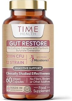 Time Health Gut Restore - 12 Strain Probiotic & Postbiotic Butyrate Generator - MicroBiomeX - Clinically Proven - Advanced Bioculture Formula - Vegan Probiotics - 30 Billion CFU