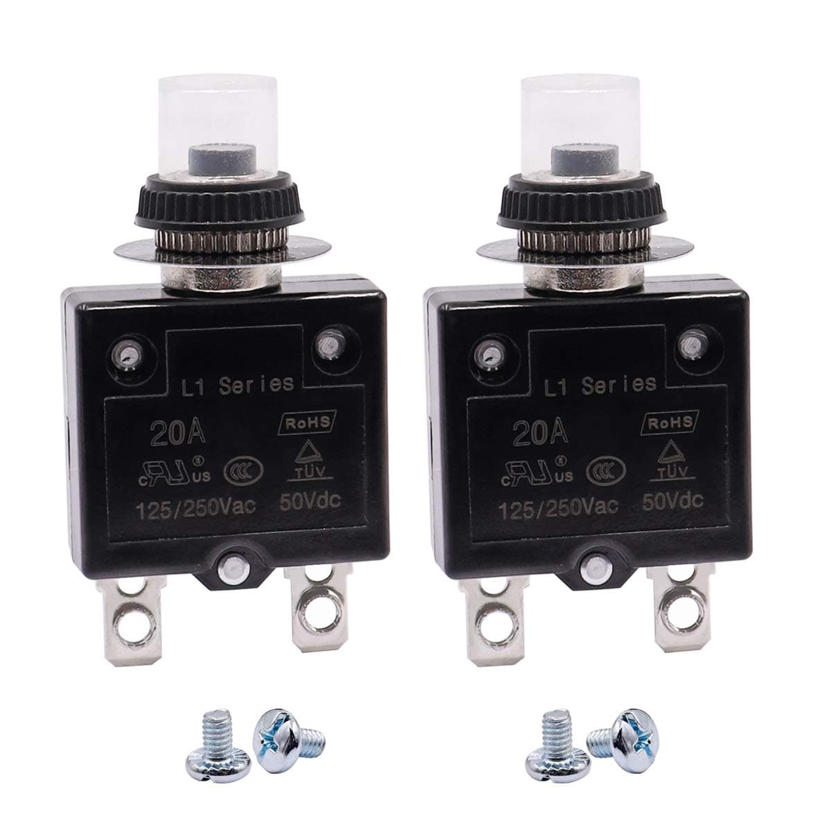 2Pcs 20Amp Circuit Breakers Push Button Manual Reset 125/250V AC 50V DC, L1 Series Overload Protector Switch Thermal Circuit Breakers with Waterproof Button Caps L1-ls-20A