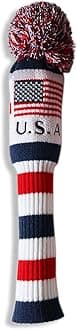 US Flag Knit Pom Pom White Blue Red Driver,Fairway Wood, Hybrid Head Cover Headcover for Callaway Mizuno Cobra Taylormade
