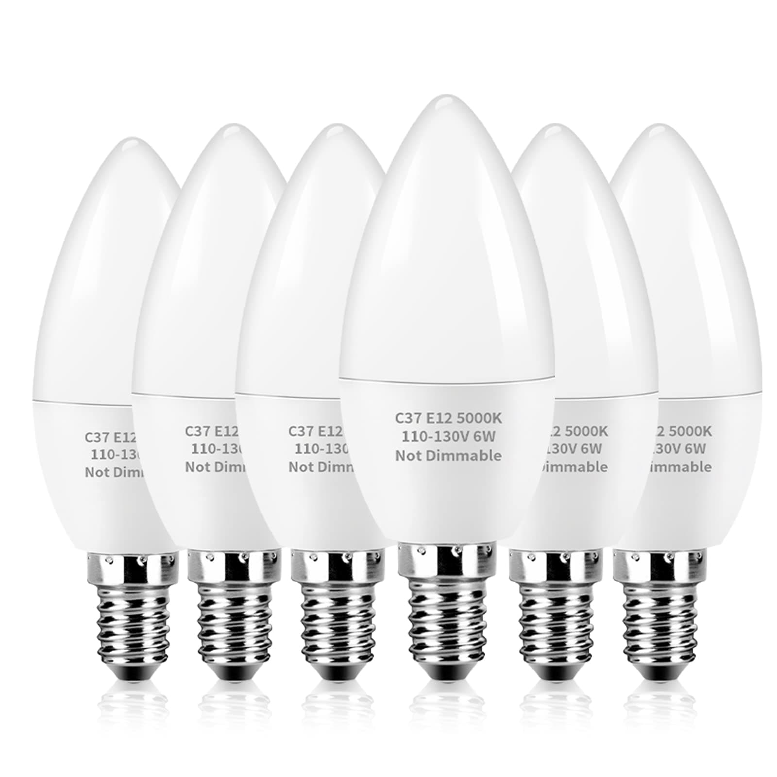 KINDEEP E12 Candelabra LED Light Bulbs, 6W Candle Light Bulbs 60 Watt Equivalent, Daylight White 5000K Ceiling Fan Light Bulbs, 550 Lumens, E12 Candle Base, 6 Pack