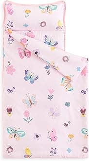 Wake In Cloud - Toddler Nap Mat with Pillow and Blanket, for Kids Girls in Kindergarten Daycare Preschool Pre K, Roll Up Sleeping Bag, Cute Butterfly Flowers, Pink, Standard