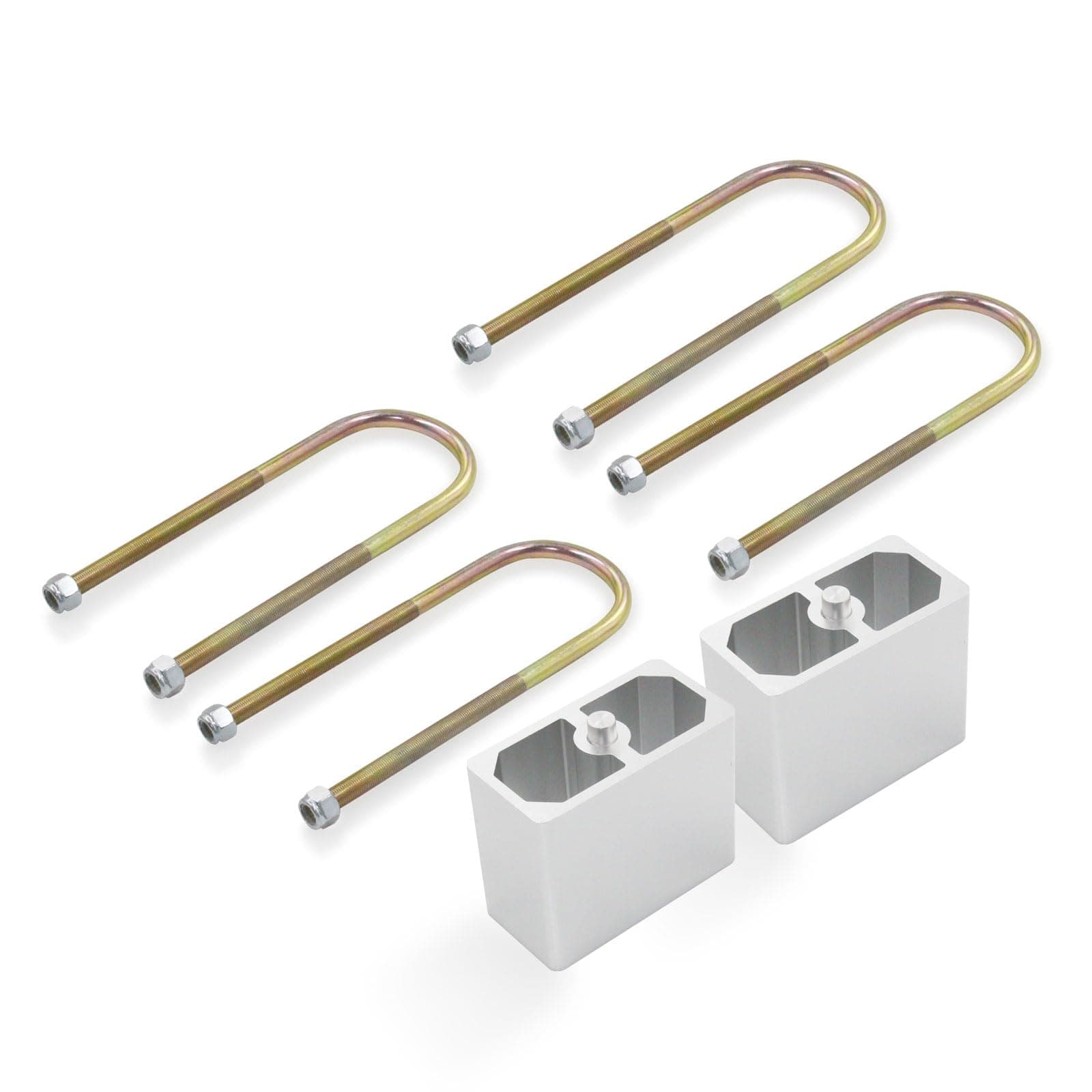 - Universal Leaf Spring Lowering Block Kit, 4 Inch, 2-1/2" Wide, 5" Long, Zinc-Plated U-Bolts, Premium Steel Construction for Long-Lasting Finish