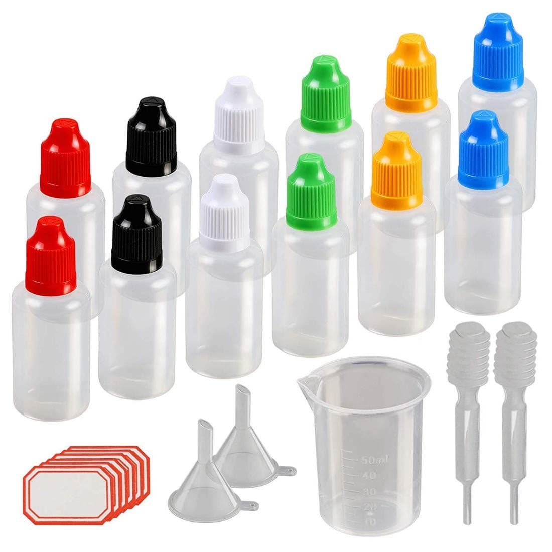 DIY Crafts 25ml Plastic Squeezable Liquid Bottle with Childproof Cap,Thin Tip,Funnel,Measuring Cup,Pipette for E-liquids (Pack Of 12 Pcs, White)