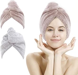 Hair Towels, 2 Pack Quick Drying Hair Towels with Buttons, Bamboo Fiber Hair Towel, Dry Your Hair Faster, Pack of 2 (Star Grey & Star Pink)