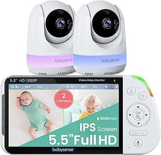 Babysense 5.5" 1080p Full HD Split-Screen Baby Monitor, Video Baby Monitor with Camera and Audio, Two PTZ Cameras, RGB Night Light, 1000ft Range, Two-Way Audio, 4X Zoom, 5000mAh Battery