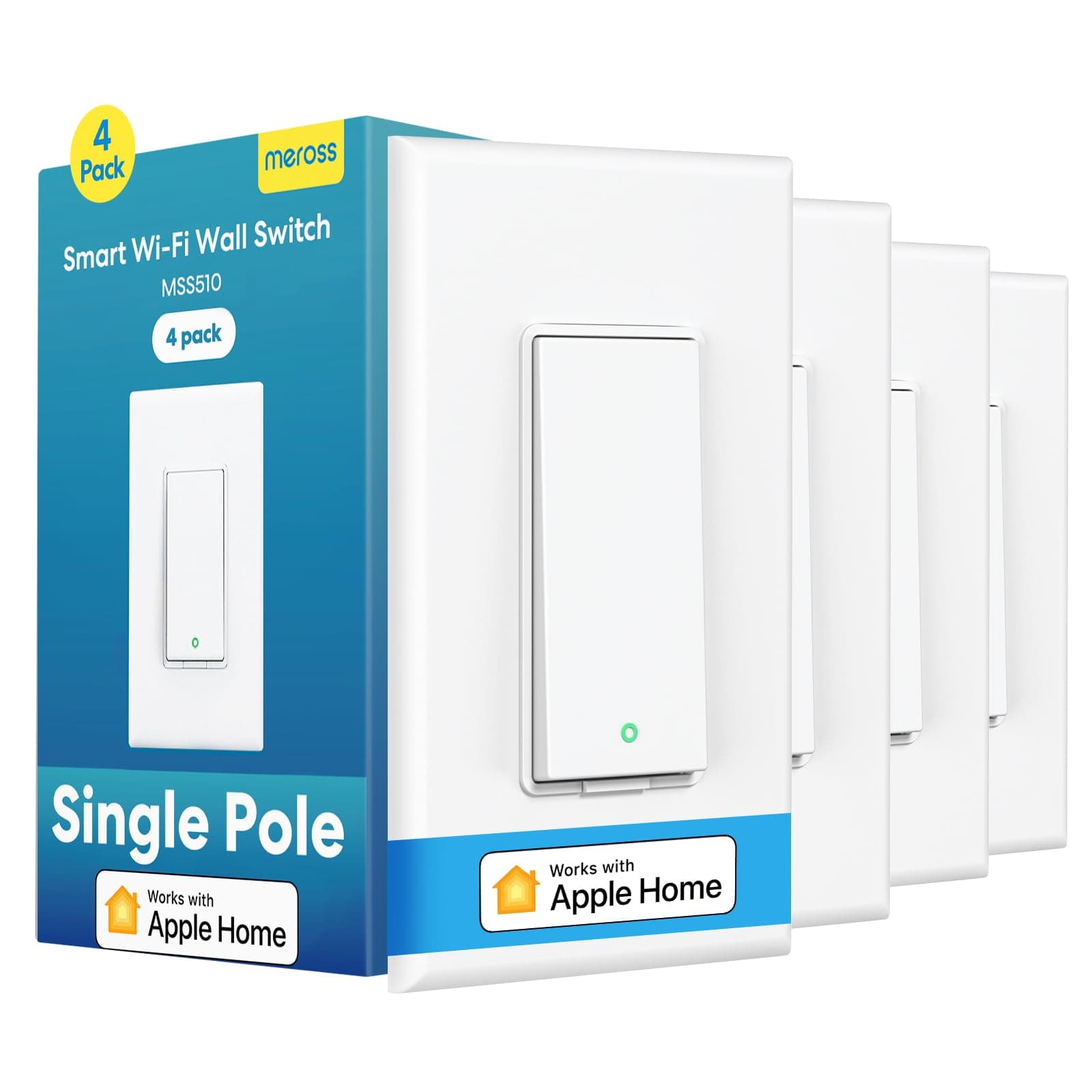 meross Smart Light Switch 4 Pack Supports Apple HomeKit, Siri, Alexa, Google Assistant & SmartThings, Single Pole Light Switch, Neutral Wire Required, Remote Control Schedule, 2.4GHz Wi-Fi
