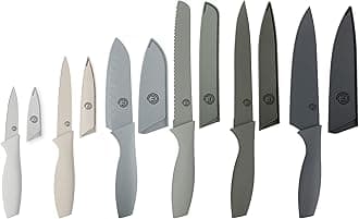 MasterChef Kitchen Knife Set with Covers, 6 Professional Chef Knives for Home Kitchens, Extra Sharp Cutting Stainless Steel Blades & Protective Sheaths, Soft-Touch Easy-Grip Handles, Earth Greys