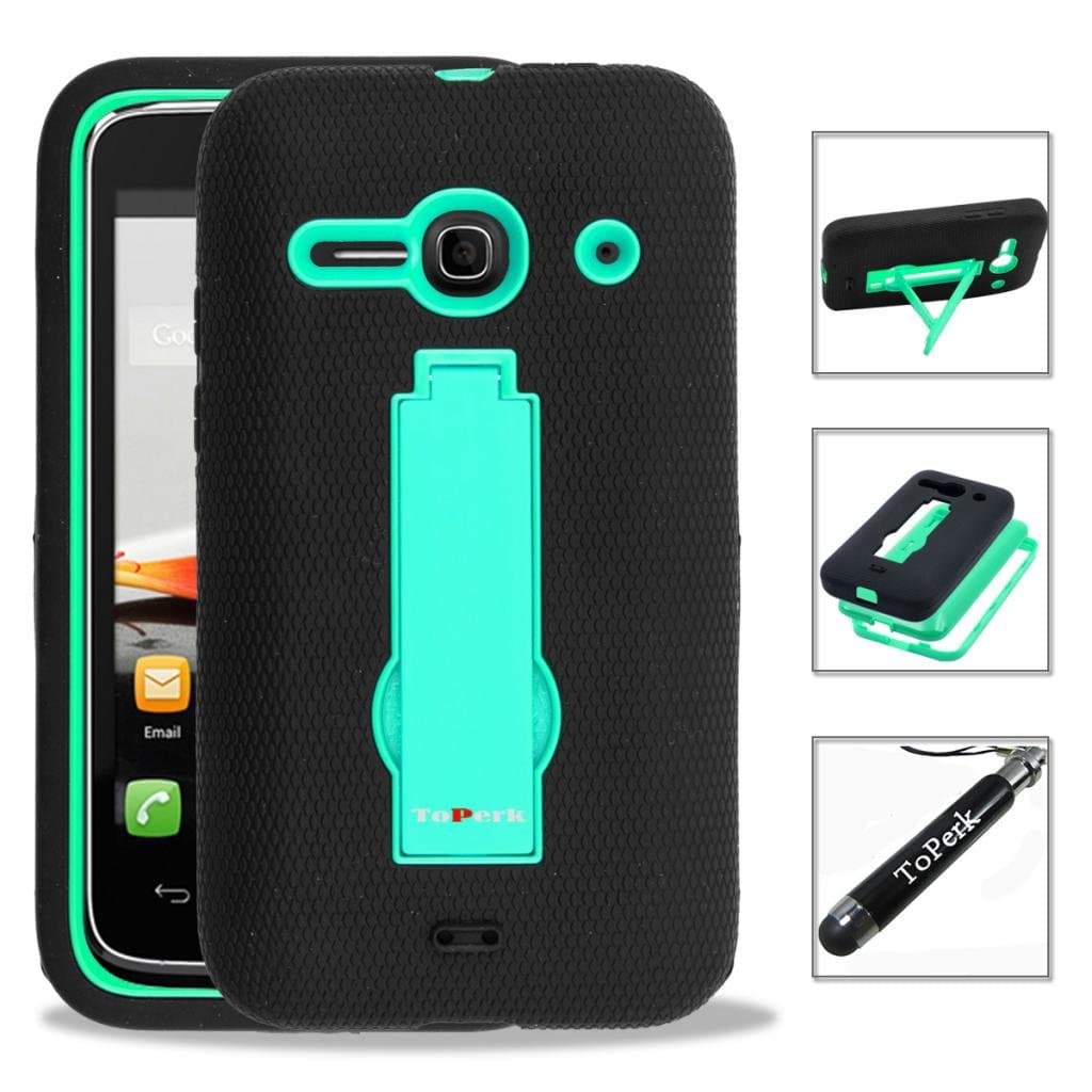 Alcatel One Touch Evolve 2 / 4037T Case, ToPerk (TM) RUGGED Dual Layer Armor Case With Vertical Stand & Stylus Pen As Bundle Sale - Teal/Black