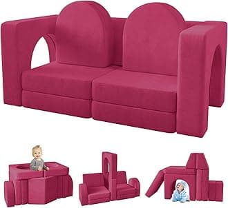 wanan Kids Couch 10PCS, Modular Kids Play Couch for Playroom Bedroom, 10 in 1 Multifunctional Kid Sofa for Playing, Creativing, Sleeping, Indoor Toddler Couches for Boys and Girls(Rose Red)