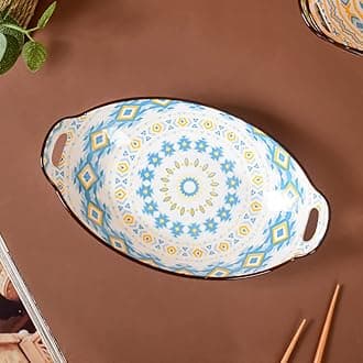 Nestasia Blue & Yellow Diamond Ceramic Long Dish with Handles for Serving Snacks, Appetizers, Salads, and Noodles| Microwave Safe, Dishwasher Safe (10.8 Inch)
