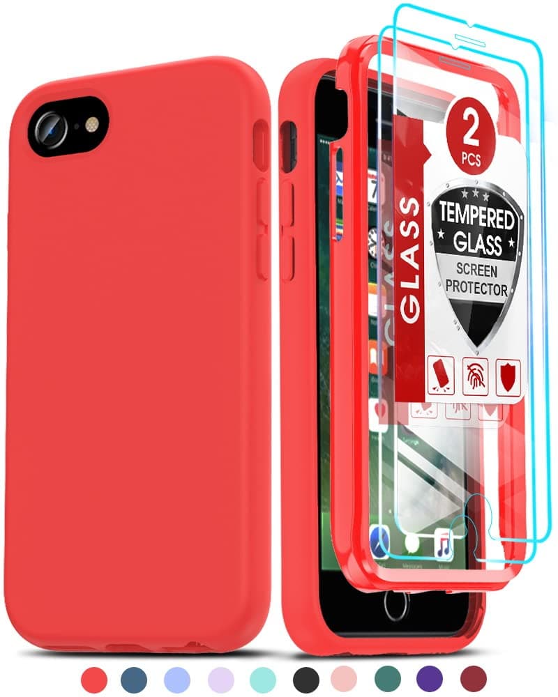 LeYi for iPhone 7 Phone Case: iPhone 6S Case, iPhone 6 Case with [2 x Tempered Glass Screen Protector], Full-Body Shockproof Soft Silicone Protective Phone Case for iPhone 8/ SE 2020, Red