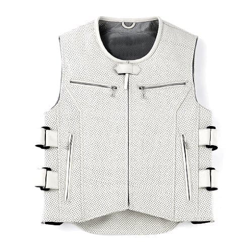 Men's White Leather Armor Perforated Motorcycle Biker Protector Vest (Medium)