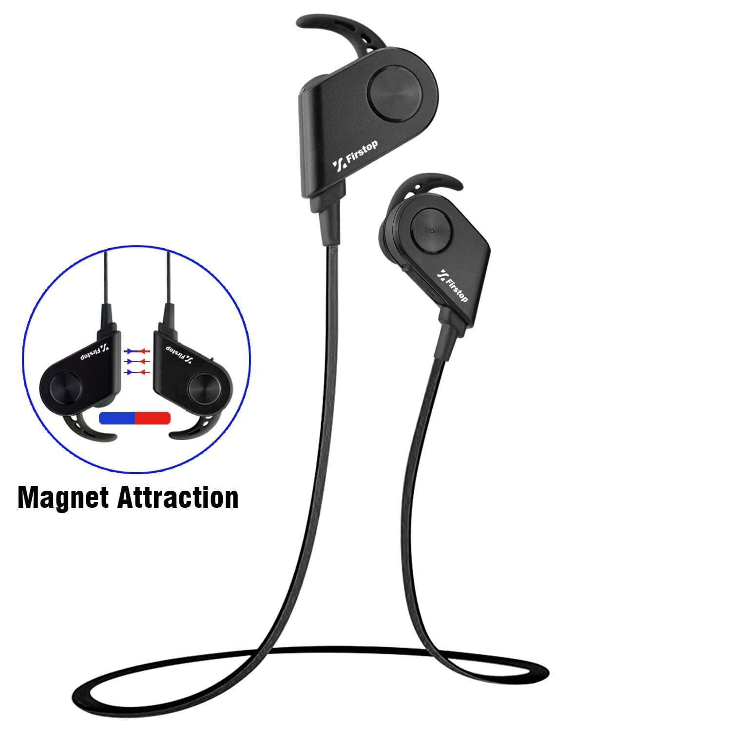 Firstop Bluetooth Earbuds, Smart Magnetic Wireless Bluetooth Headphones, Headset with Microphone, In-Ear Sweatproof Earphones, Premium Sound with Bass, Noise Cancelling, Secure Fit for Running (Black)