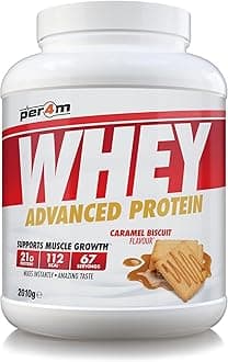 Per4m Whey Protein Powder | High Protein Shake for Muscle Growth & Recovery | Low Sugar Gym Supplement | Sports Nutrition Drink + Amino Acids (2010g, Caramel Biscuit)