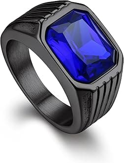 Bandmax Gemstone Signet Rings for Men, Stainless Steel Fancy Cut Cubic Zirconia Rings Blue Topaz/Emerald/Black Onyx/Ruby Ring Statement Ring Wedding Ring Size 7-14