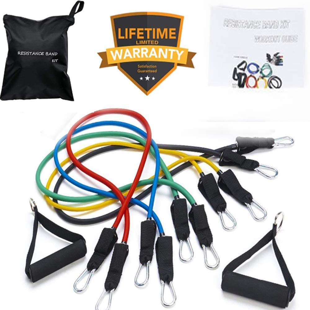 Resistance Bands Set – Include 5 Stackable Exercise Bands with Carry Bag, Door Anchor Attachment, Legs Ankle Straps & Bonus eBook – 100% Life Time Guarantee