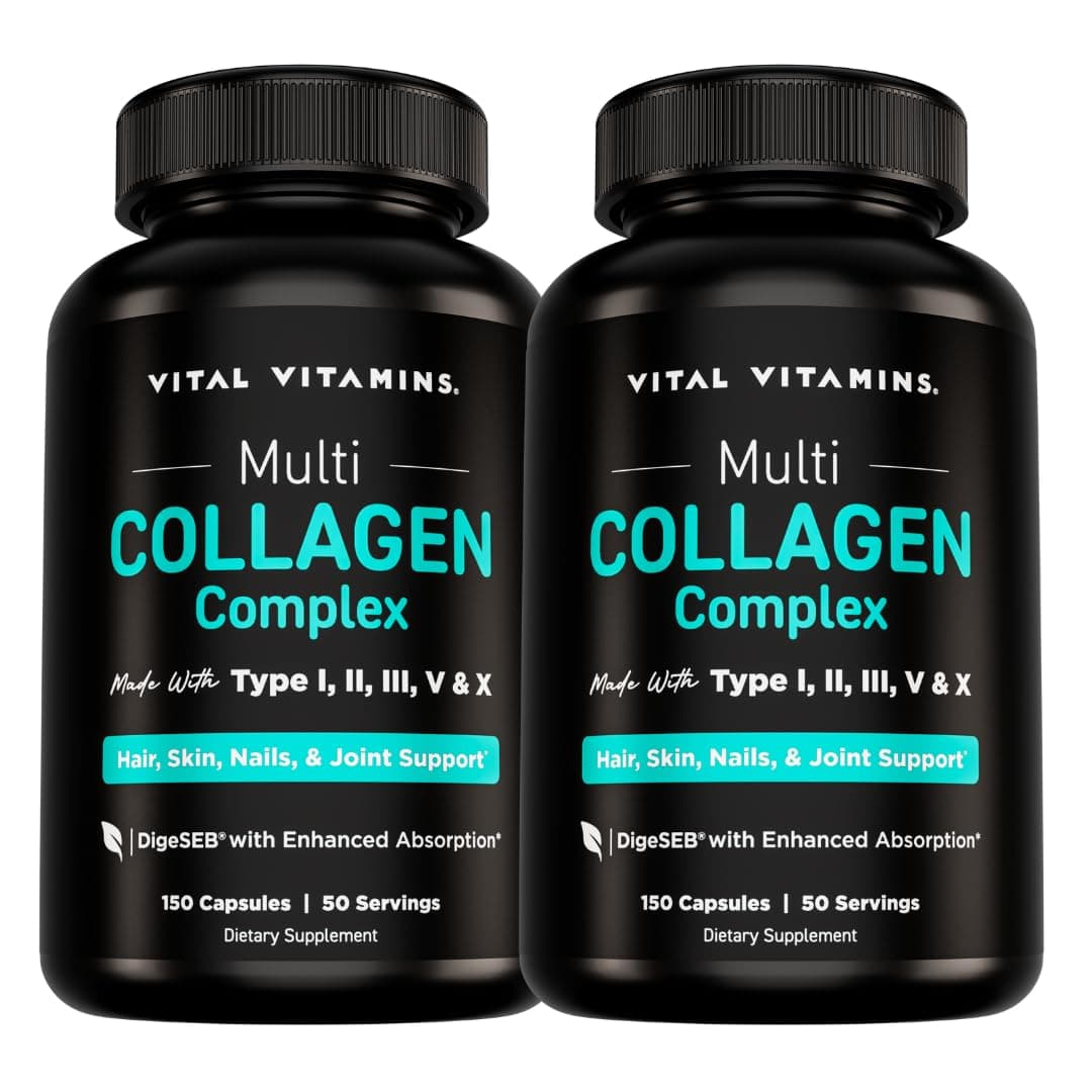Vital Vitamins Multi Collagen Pills for Women & Men (2-Pack) - Hydrolyzed Collagen Peptides - Type I, II, III, V, X - Grass Fed, Non-GMO