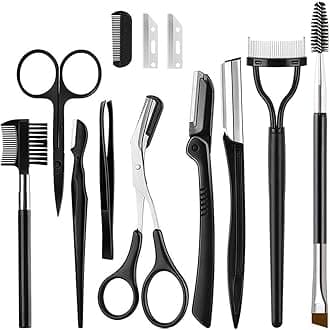 KINGMAS 9PCS Eyebrow Trimmer Kit, Face Razors, Facial Trimmer Shaver, Eyelash Comb, Angled Brush, Grooming Scissors, Brow Tweezers for Women