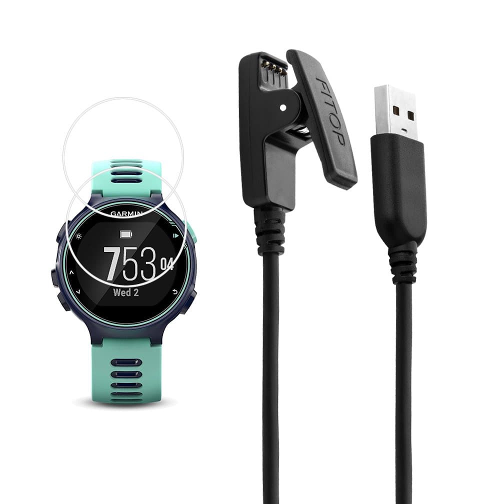 Compatible with Garmin Forerunner 735xt Charger Charging Clip Synchronous Data Cable and 2Pcs Free HD Tempered Glass Screen Protector Replacment Charger