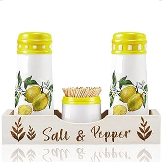 Lemon Salt and Pepper Shakers with Holder - Lemon Kitchen Decor, Farmhouse Salt Pepper Shaker Set w/Toothpick Jar, Lemon Decorations for Kitchen Counter Dining Table, Unique Lemon Collectable Gifts