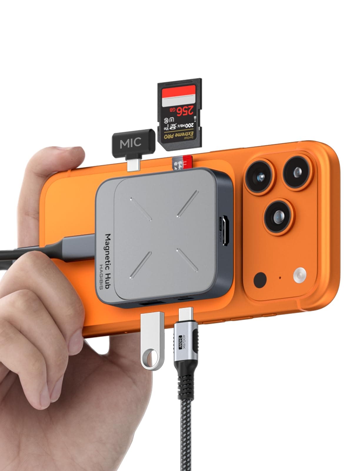 M2 SSD Magnetic USB C Hub with Magsafe for iPhone 16 15 Pro Max, 7-in-1 Type-C Docking Station 4K@60Hz HDMI SD3.0 TF3.0 Card Slot 100W PD 10Gbps USB-C AUX for MacBook Pro, iPad Pro (TC100)