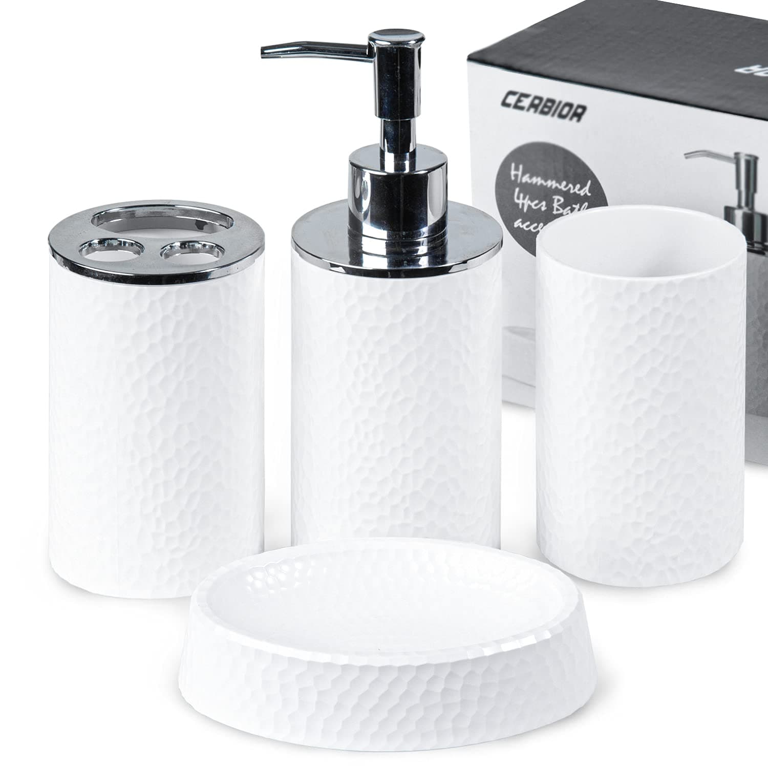 Bathroom Accessories Set – CERBIOR 4 Piece Bath Ensemble Includes Soap Dispenser, Toothbrush Holder, Toothbrush Cup, Soap Dish for Decorative Countertop and Housewarming Gift, White