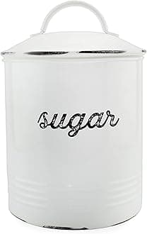 AuldHome Design Enamelware White Sugar Canister; Rustic Distressed Style Staples Storage for Kitchen