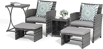 6 Piece Patio Furniture Conversation Set with Ottoman, Outdoor Grey Wicker Chair and Table Set, Balcony Furniture for Apartments, Light Grey