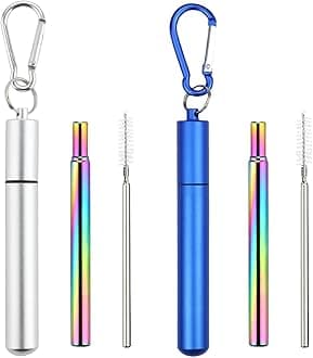 Foweroty 2 Packs Collapsible Stainless Steel Drinking Straws, Reusable Straws, Travel Retractable Straws with Aluminum Case, Cleaning Brush, and Keychains(Silver&Blue), stretchable