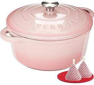 Enameled Cast Iron Dutch Oven - 4.5QT Pot with Lid Cookbook & Cotton Potholders - Heavy-Duty Cookware for Braising, Stews, Roasting, Bread Baking pink