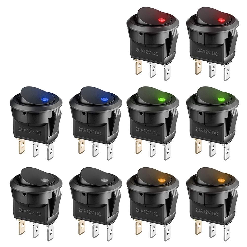 10PCS Car Switch 12V with LED Light, Mini Toggle Switch On/Off DC 12V 20A Press Button Round Rocker Switch for Car, Boat, Homehold Application