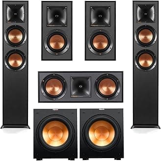 Klipsch Reference 5.2 Dolby Atmos Home Theater System with R-625FA Floorstanding Speakers, R-52C Center, R-41M Surrounds & 2X R-12SW 12" Powered Subwoofer, Black (Speaker System + 2X Subwoofers)