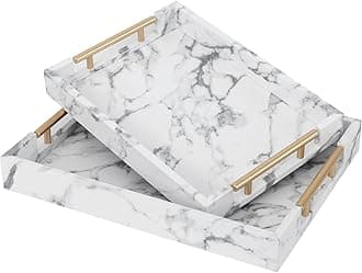SwallowLiving Set of 2 White Fake Marble Serving Tray with Gold Polished Metal Handles White Decorative Wood Tray PU Leather with Brushed Gold for Coffee Table Ottoman Console Table Decor