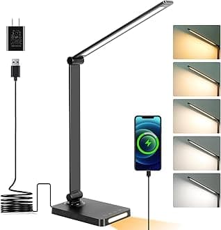 LED Desk Lamp with USB Ports,Touch Desk Lamps for Home Office with 5 Color Modes,3 Brightness Desk Light with Small Night Light,Reading Lamp Table Lamp for Bedroom Bedside Study Black （with adapter）